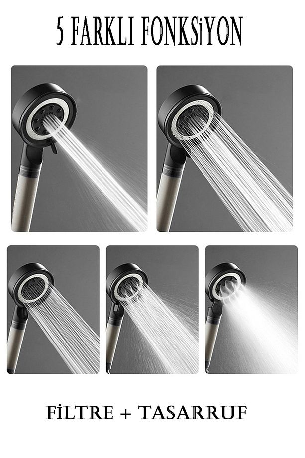 5 Fonksiyonlu Çelik Su Tasarruflu Filtreli Turbo Jet Duş Başlığı Siyah - 5