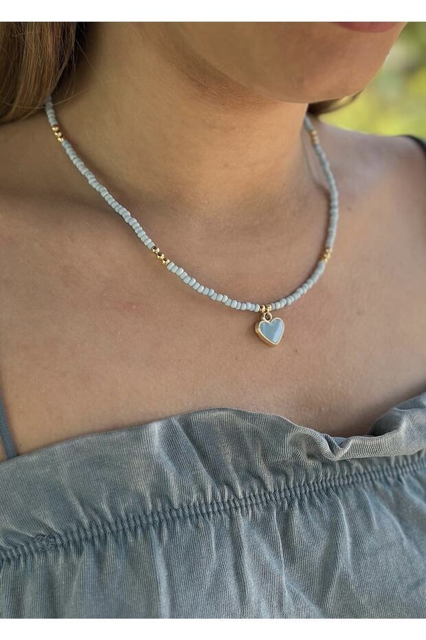 Turquoise Enamel Heart Bead Necklace