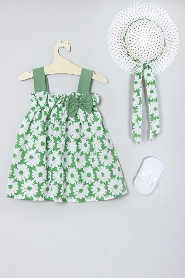 Flower Patterned Dress with Hat, Ballerina Socks Set 012