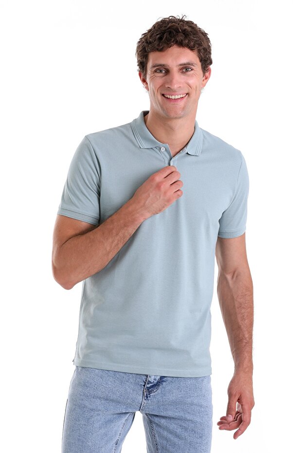 Blue Comfort Fit Plain 100% Cotton Polo Collar T-Shirt