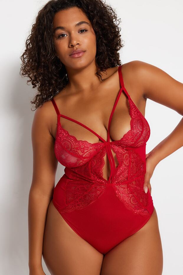 Kırmızı Biyeli Micro Esnek Örme Dantel Detaylı Büyük Beden Bodysuit TBBSS23CS00000 - 1