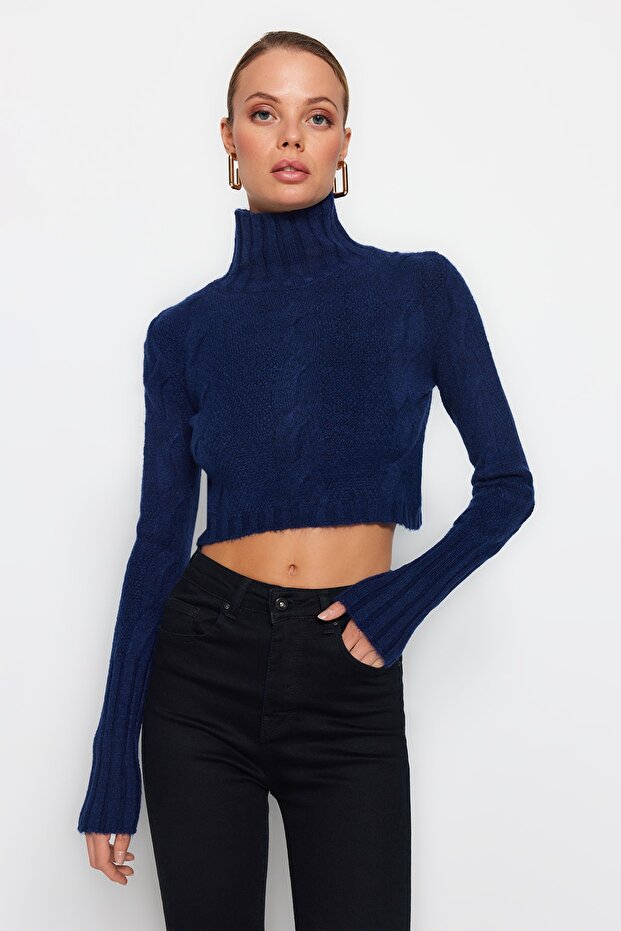 Lacivert Yumuşak Dokulu Crop Triko Kazak TWOAW20KZ1175 - 1