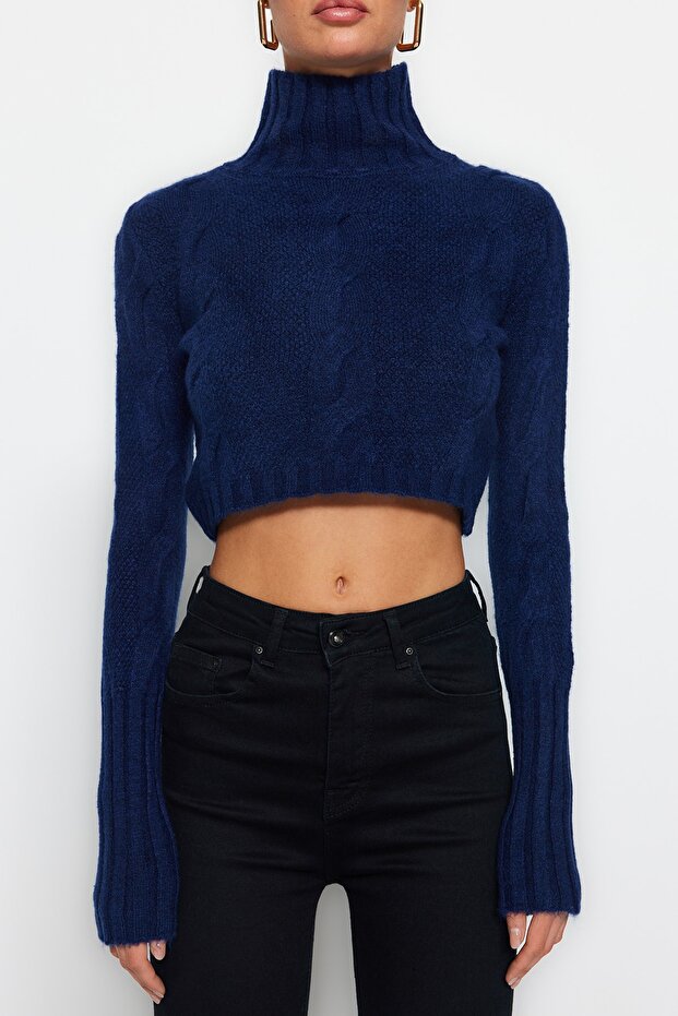 Lacivert Yumuşak Dokulu Crop Triko Kazak TWOAW20KZ1175 - 4