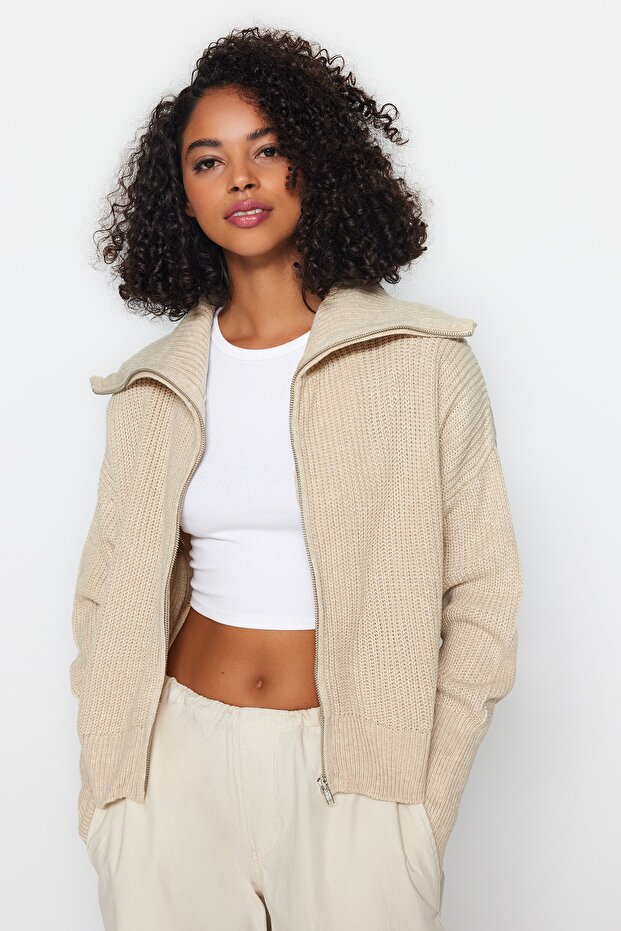 Taş Geniş Kalıp Devrik Yaka Fermuarlı Triko Hırka TWOAW24HI00072 - 3