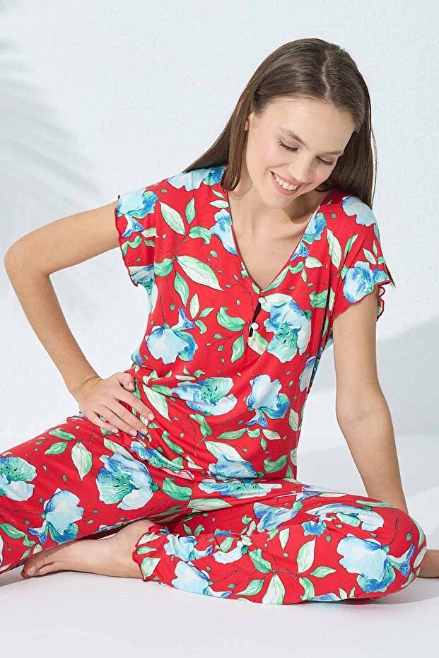 طقم بيجامة فيسكوز بأزرار منقوشة - 1