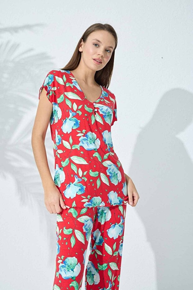 طقم بيجامة فيسكوز بأزرار منقوشة - 2