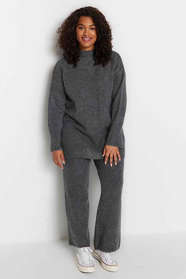 Anthracite Slit Detailed Large Size & Maternity Knitwear Top and Bottom Set Tbbaw24Cp00005