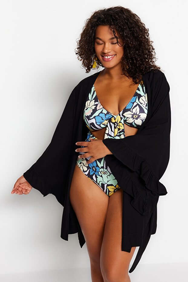 Siyah Kolu Fırfırlı Volanlı Viskon Plaj Giyim Dokuma Büyük Beden Kimono&Kaftan TBBSS23DE00001 - 2