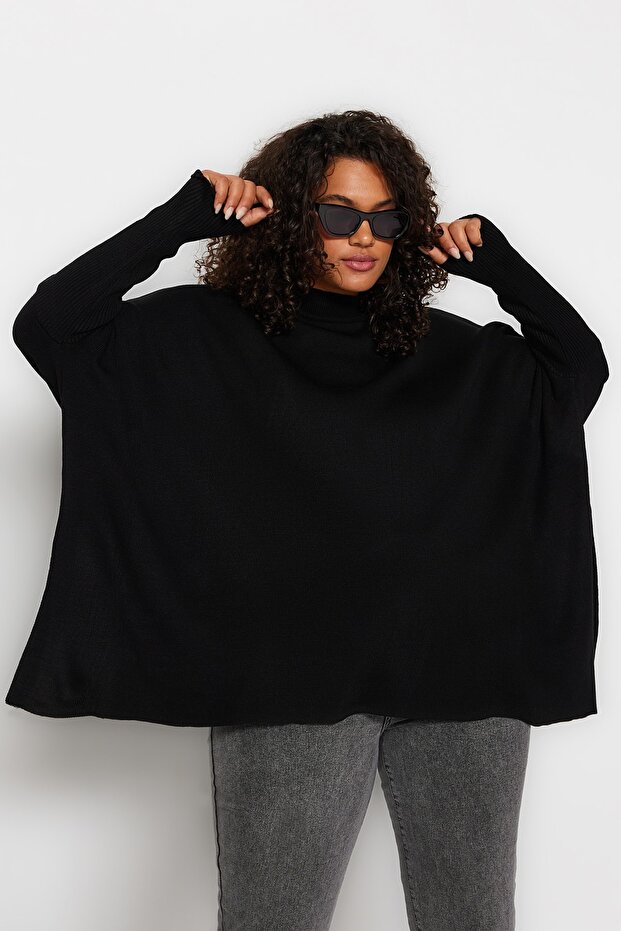 Relax Fit Czarny sweter dzianinowy - kołnierz stójka i rozcięcie Tbbaw24An00032 - 3