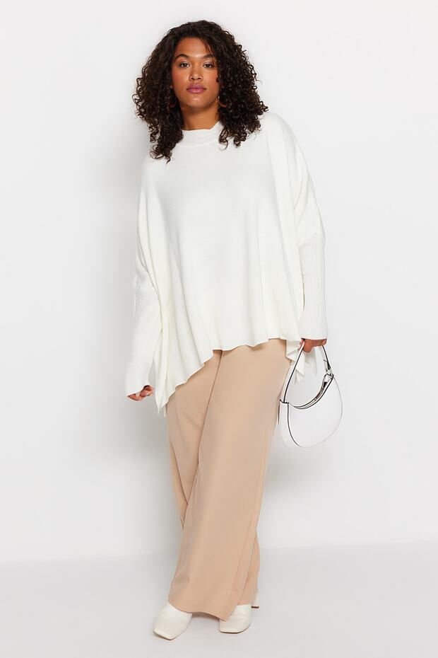 Ecru Relax Fit Sweter Knitwear - Stójka i Rozcięcie Tbbaw24An00032 - 1