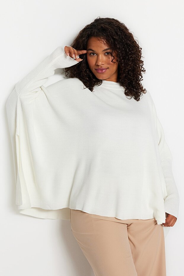 Ecru Relax Fit Sweter Knitwear - Stójka i Rozcięcie Tbbaw24An00032 - 3