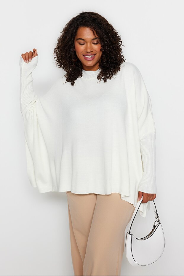 Ecru Relax Fit Sweter Knitwear - Stójka i Rozcięcie Tbbaw24An00032 - 2