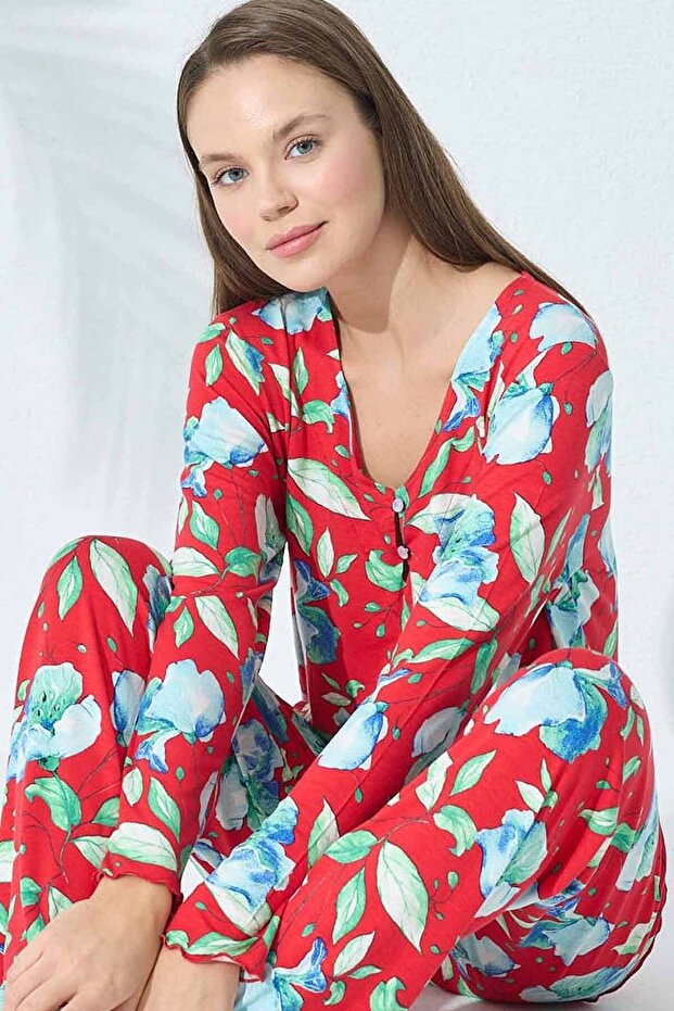 طقم بيجامة فيسكوز بأزرار منقوشة - 1