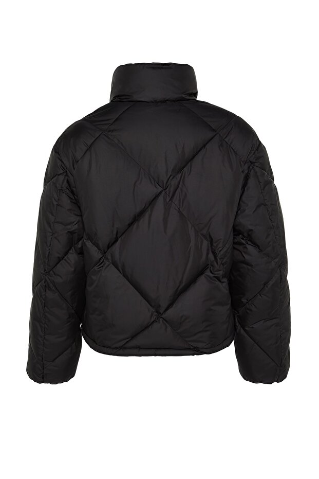 Siyah Oversize Kalıp Peluş Yaka Detaylı Su İtici Şişme Mont TWOAW24MO00008 - 8