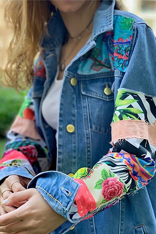 Women's Denim Jacket with Patchwork Detail on the Sleeves