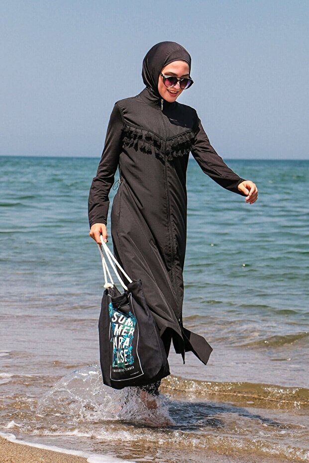 Black Tasseled Parachute 4-Piece Long Full Coverage Hijab Swimsuit 1998