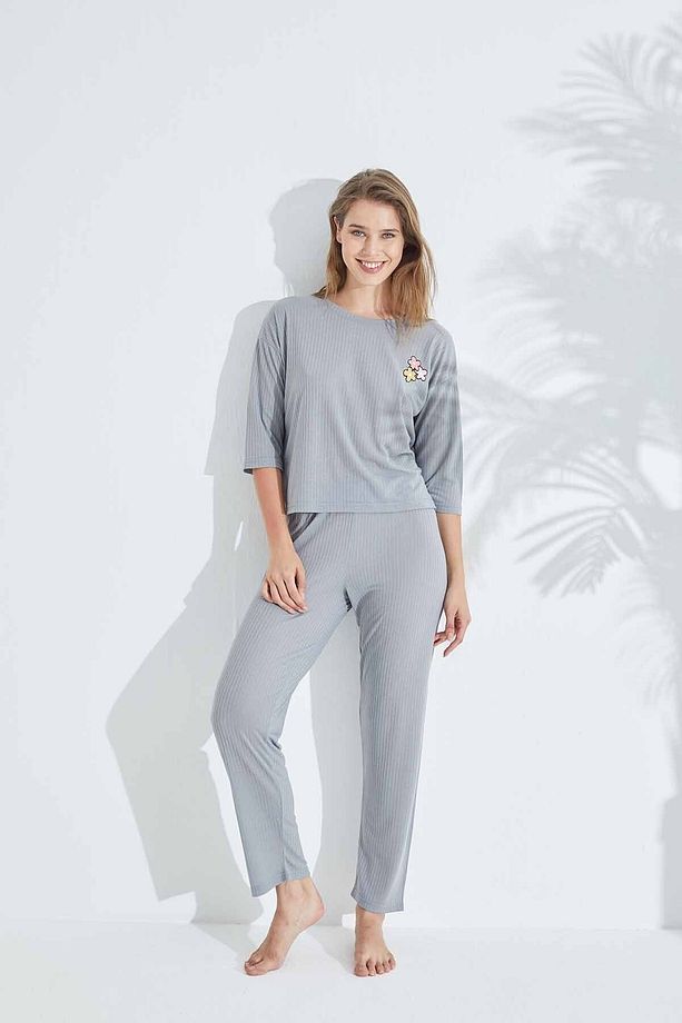 gri Soft Touch İnce Örme Nakışlı Pijama Takım - 2