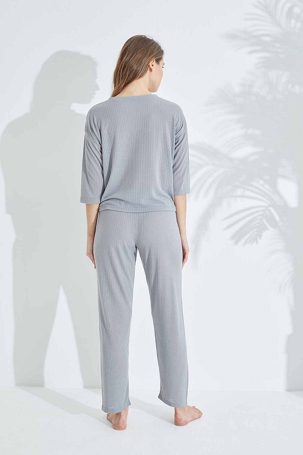 gri Soft Touch İnce Örme Nakışlı Pijama Takım - 3