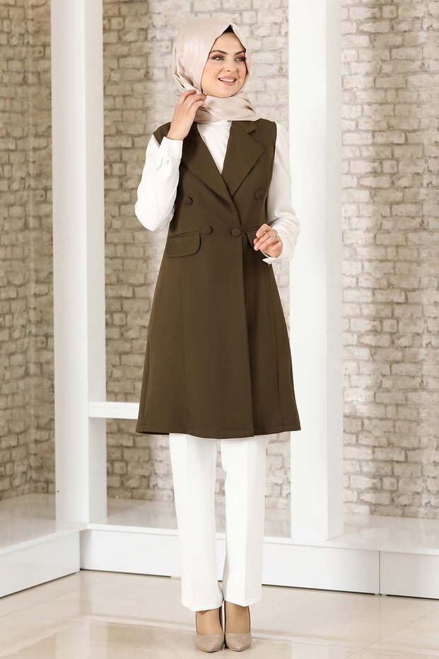 Button Detail Vest Khaki - Fashion Showcase Design - FSC2038