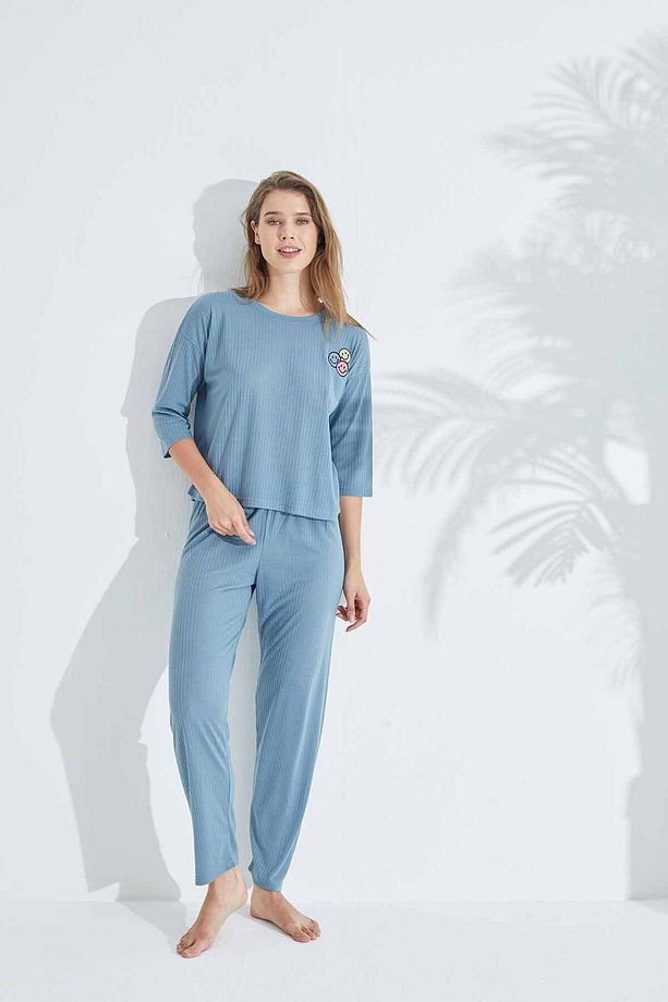 indigo Soft Touch İnce Örme Nakışlı Pijama Takım - 2