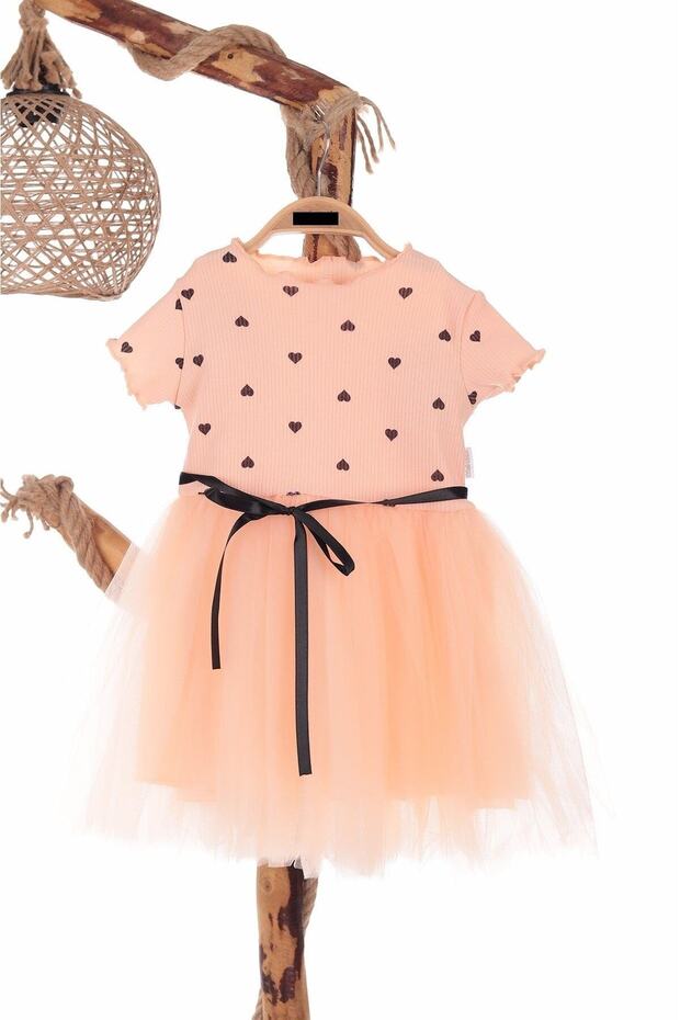 Heart printed salmon tulle dress for girls aged 2-7 (for birthdays, special days and nights)
