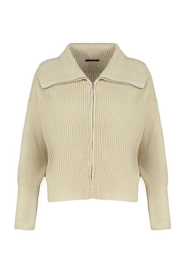 Taş Geniş Kalıp Devrik Yaka Fermuarlı Triko Hırka TWOAW24HI00072 - 6