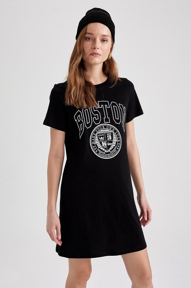 Slogan Baskılı Mini Tişört Elbise - 1