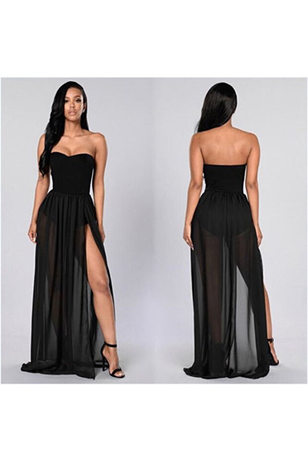 Parakini Women's Black Slit Transparent Tulle Skirt