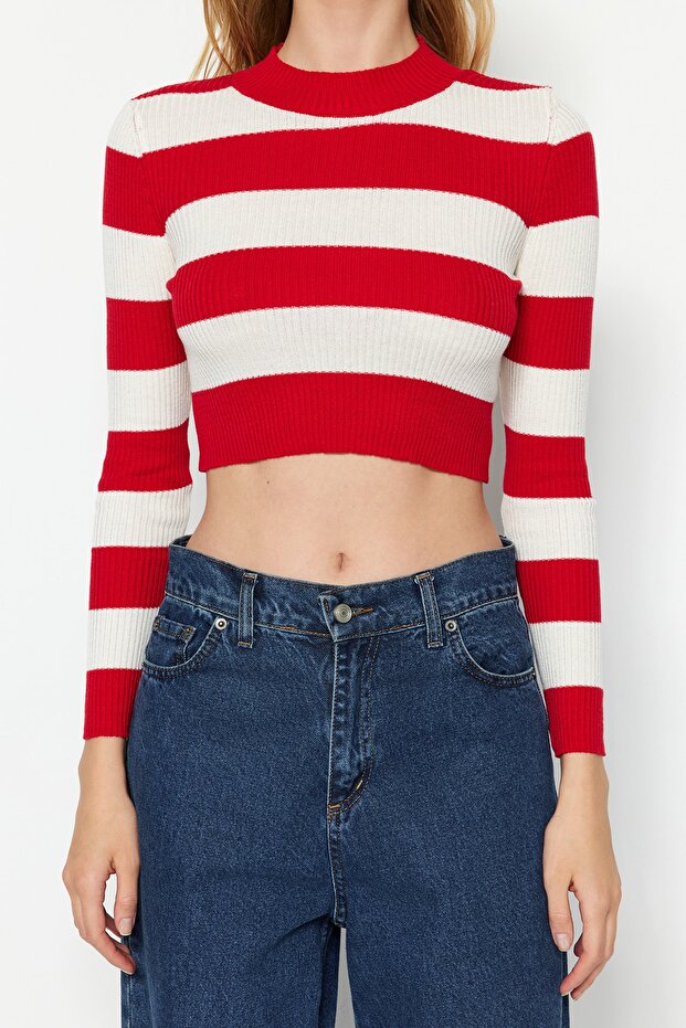 Roter Crop-Pullover aus gestreiftem Baumwollstrick TWOAW20KZ0255 - 4