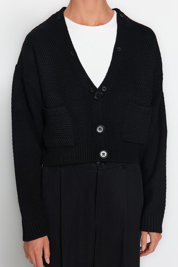 Siyah Crop Kürk Detaylı Triko Hırka TWOAW24HI00029 - 5