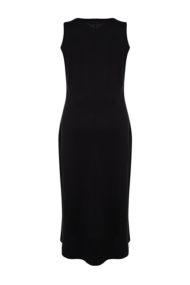 Siyah Düz Kesim Yırtmaçlı Maxi/Uzun %100 Pamuk Örme Elbise TBBSS22AH0162 - 6