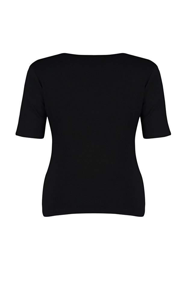 Siyah Fitted Kare Yaka Kaşkorse Örme Büyük Beden Basic T-Shirt TBBSS22BF0027 - 8