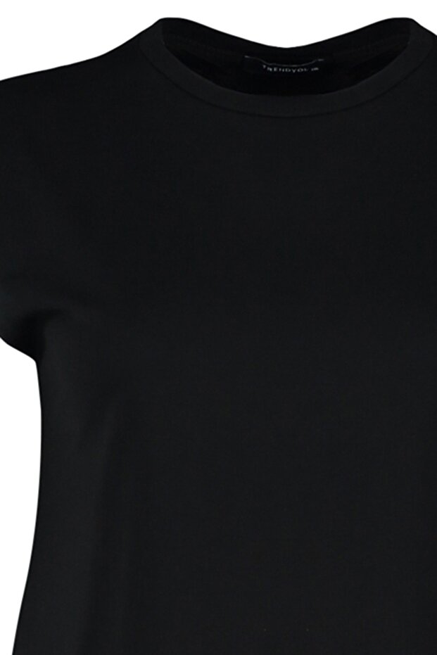 Czarny T-shirt z okrągłym dekoltem - 100% bawełny, detale rękawów TBBSS22BF0023 - 7