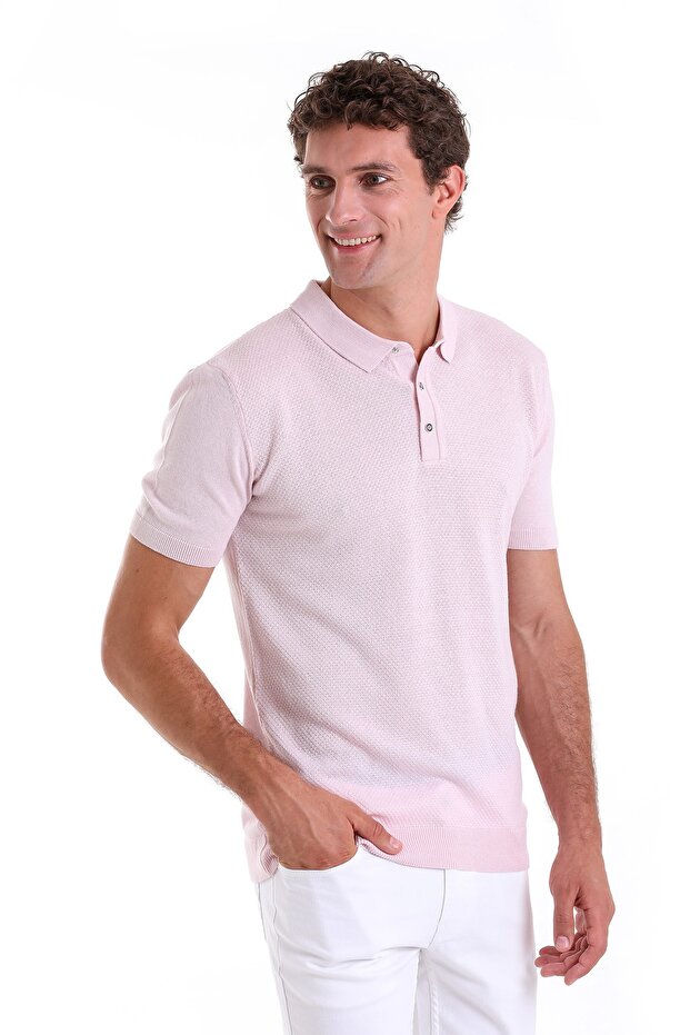 Pink Regular Fit Jacquard Cotton Polo Collar Knitwear T-Shirt