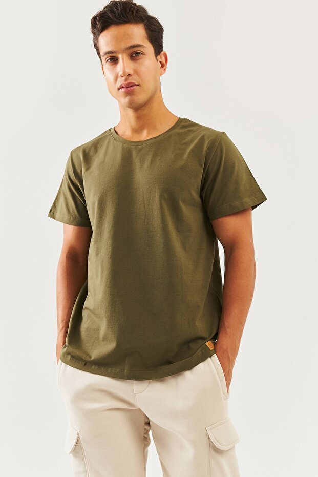 Khaki Oversize Comfortable 100% Cotton Combed Crew Neck Short Sleeve Basic T-Shirt Classic Collection