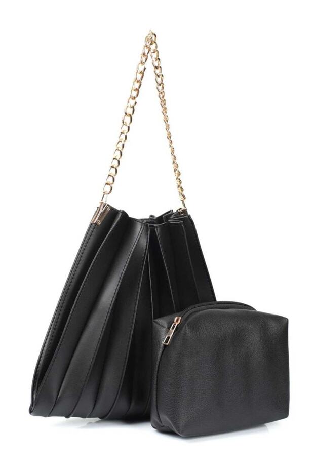 Women's Black Accordion Model Pleated Puff Wallet Gift Hand and Shoulder Bag
