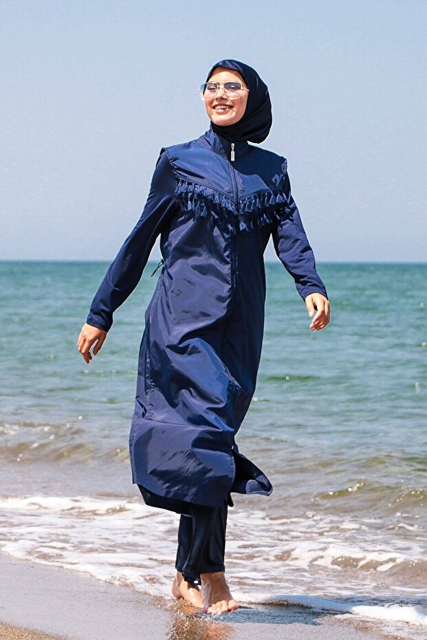 Navy Blue Tasseled Parachute 4-Piece Long Full Covered Hijab Swimsuit 1998