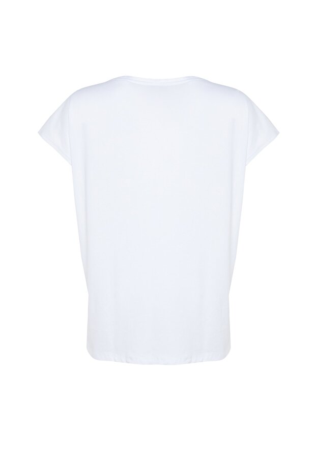 Beyaz Relaxed V Yaka Yırtmaçlı %100 Pamuk Örme T-Shirt TBBSS22BF0036 - 8
