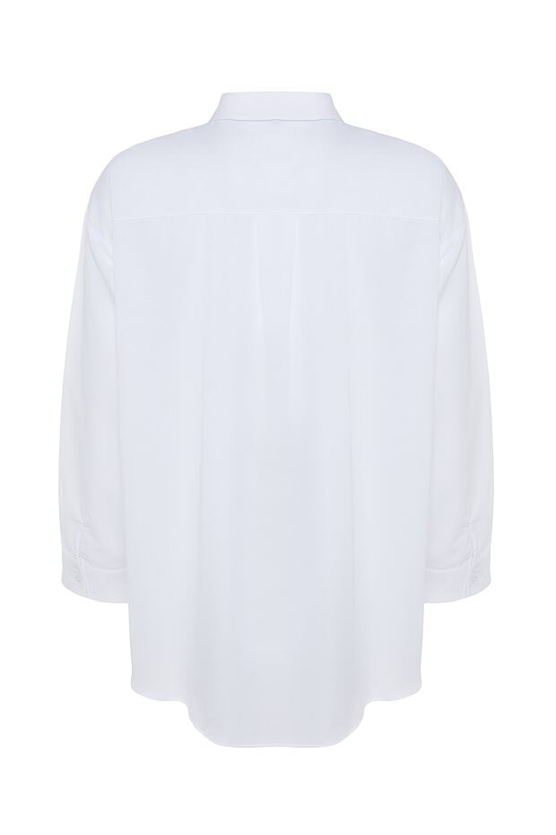 Beyaz Loose Fit Basic Pamuklu Uzun Kollu Dokuma Büyük Beden Gömlek TBBSS22GO0319 - 9