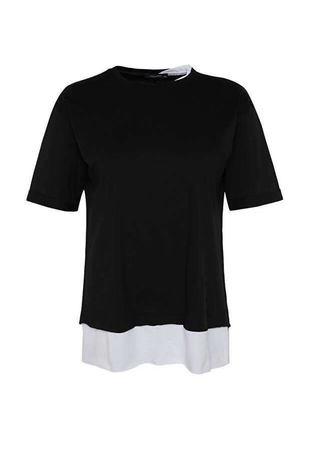 Siyah Oversize Fit Alttan T-shirt Çıkma Görünümlü %100 Pamuk Örme Büyük Beden T-Shirt TBBSS22TS0727 - 6