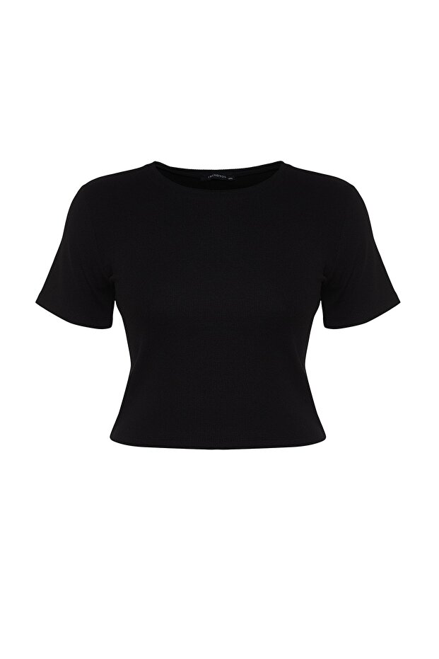 Siyah Crop Bisiklet Yaka Örme Büyük Beden T-Shirt TBBSS22TS2107 - 6