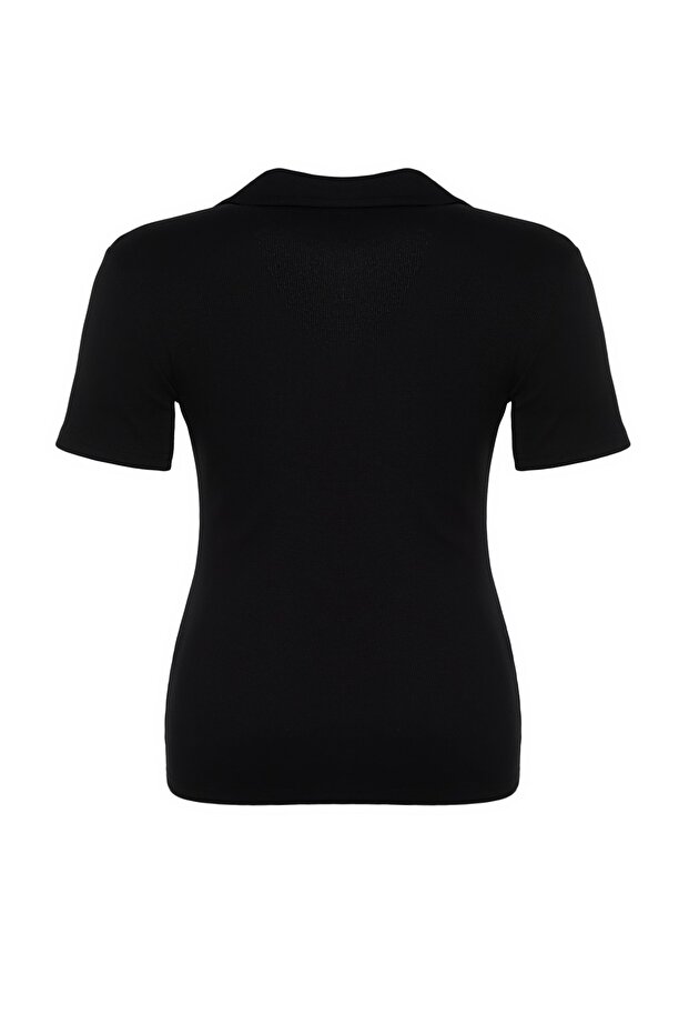 Siyah Polo Yaka Vücuda Oturan Fitilli Örme Bluz TBBSS22BZ0750 - 8