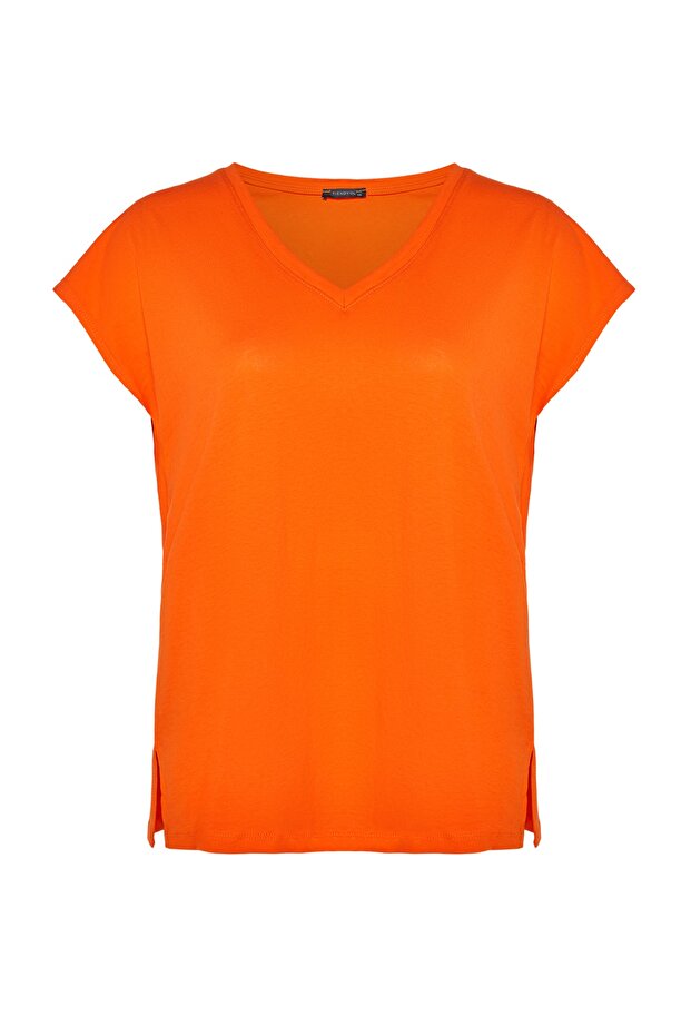 Turuncu Relaxed V Yaka Yırtmaçlı %100 Pamuk Örme T-Shirt TBBSS22BF0036 - 6