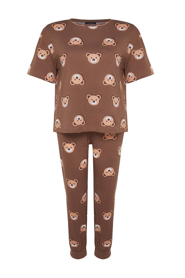 Kahverengi Ayıcık Desenli Örme Pijama Takımı TBBAW23AI00039 - 6