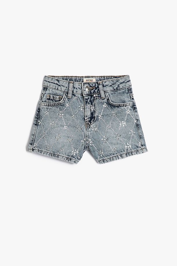 Kız Çocuk Mini Slim Boncuk İşlemeli Pamuklu Kot Şort 3SKG40073AD - 1