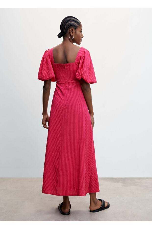 Balon Kollu Dokulu Elbise - 4