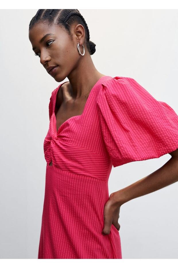 Balon Kollu Dokulu Elbise - 6