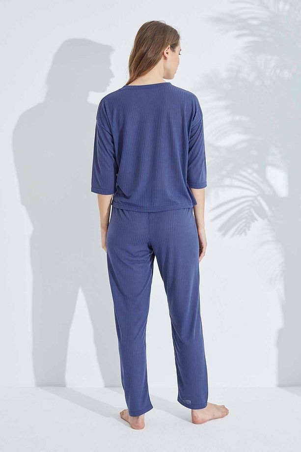 lacivert Soft Touch İnce Örme Nakışlı Pijama Takım - 3