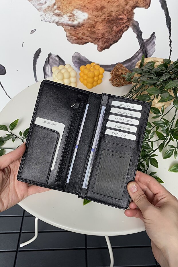Men's Black Long Wallet Genuine Leather Portfolio with Phone Compartment Long Men's Wallet | Boston