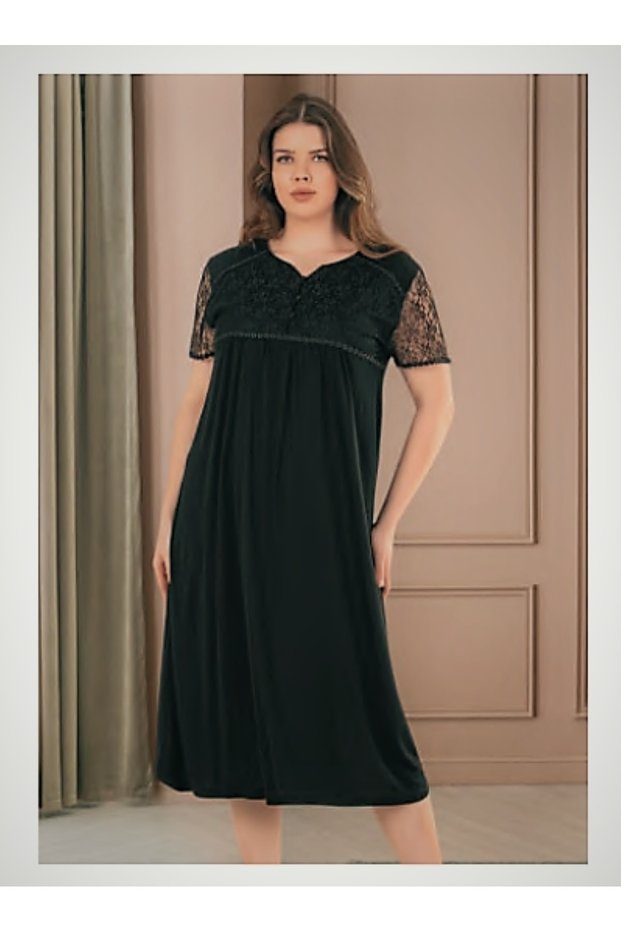 ZEN Short Sleeve Laced Plus Size Nightgown BLACK